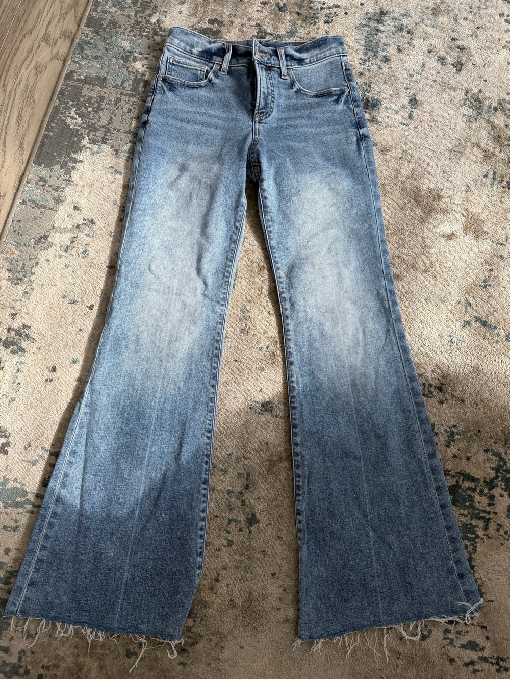 Express Light Blue Flared Jeans with Raw Hem